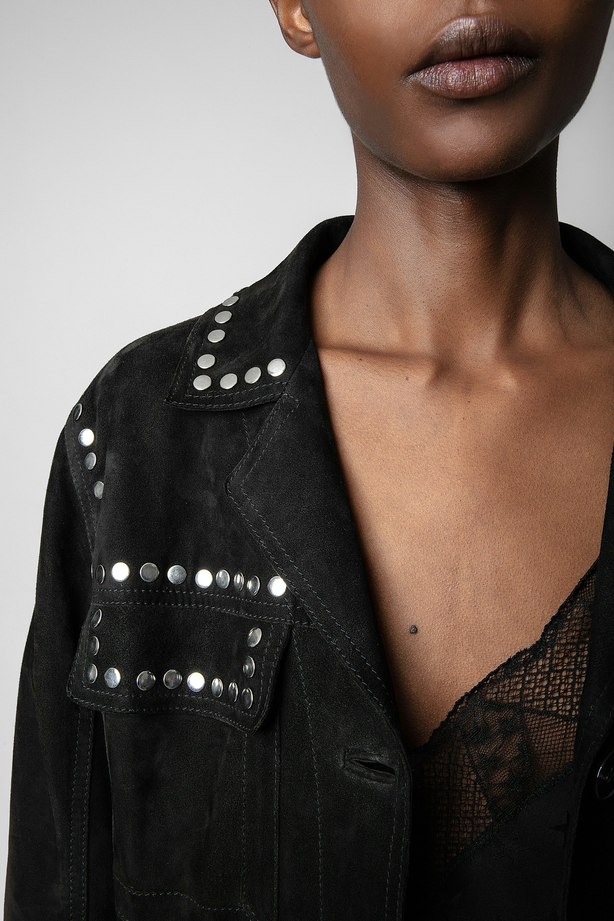 Lala Studded Suede Jacket - Women’s black suede jacket with silver-tone studs